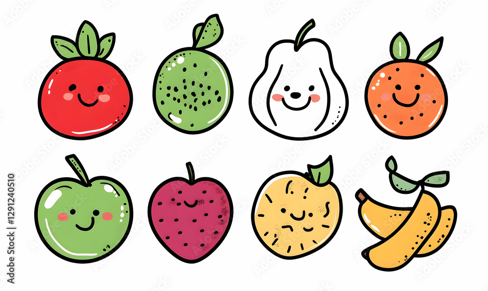 Cartoon Fruit Character Collection Featuring Happy Smiling Faces for Kids Cartoon Fruit Character Collection Featuring Happy Smiling Faces for Kids