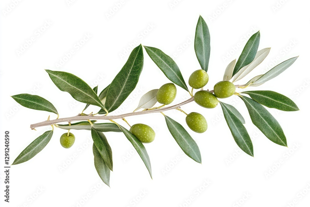 Obraz premium A fresh olive branch with small green olives and leaves, isolated