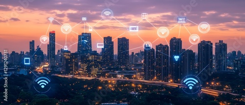 5g network enhancing iot technology in smart cities urban data center evening skyline futuristic connectivity