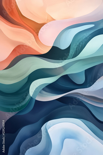 A series of overlapping, fluid lines in varying thicknesses, forming an abstract landscape. The muted colors of deep blues and greens combine with soft oranges and pinks to evoke the calm beauty of