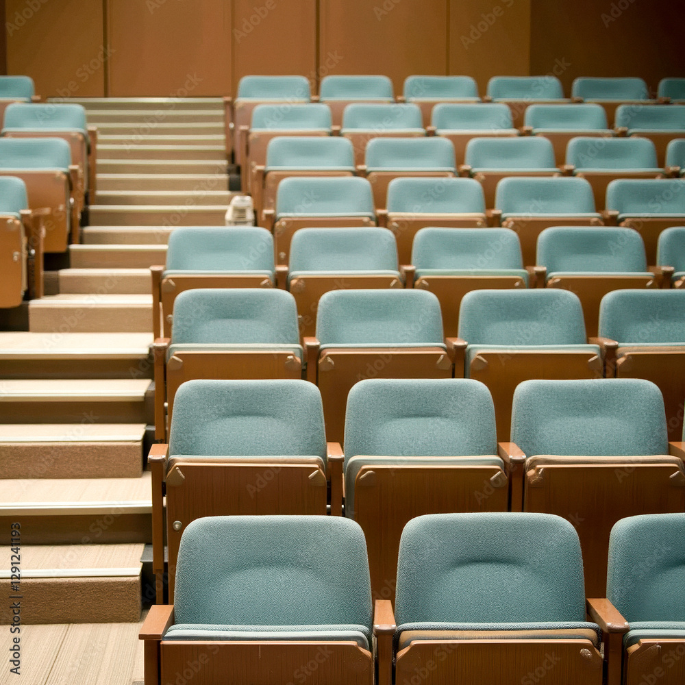 Fototapeta premium rows of teal upholstered seats in a tiered lecture hall