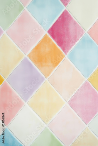 A vibrant and playful harlequin diamond pattern with alternating pastel colors, creating a whimsical yet structured visual appeal. The sharp contrast and bold arrangement make it ideal for fashion