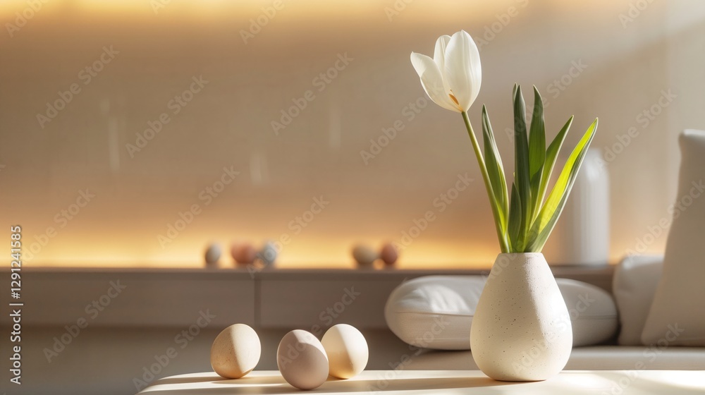 An ultra-modern living room, featuring a minimalist vase holding a single white tulip and a few scattered monochromatic Easter eggs. An ultra-modern living room, featuring a minimalist vase holding a single white tulip and a few scattered monochromatic Easter eggs.