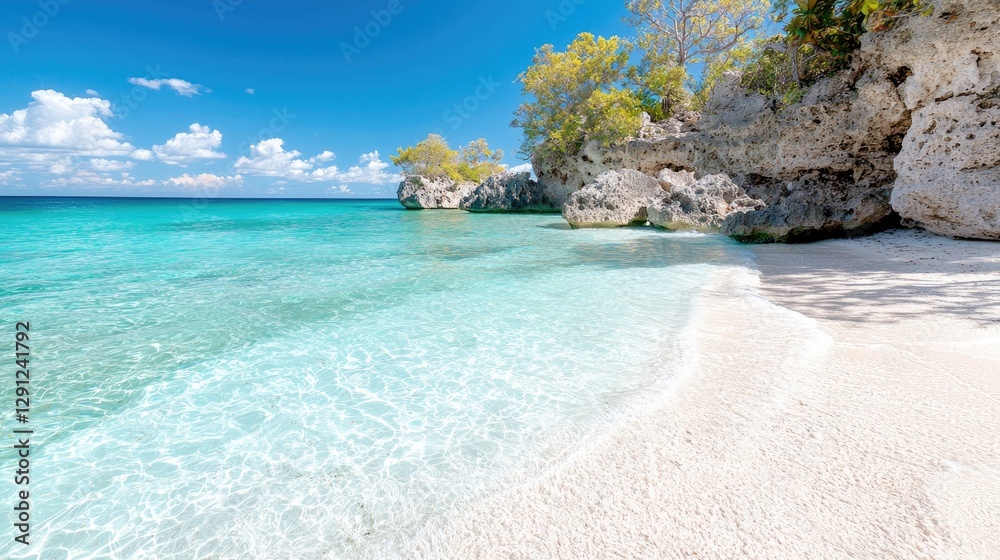 Fototapeta premium Secluded tropical beach, turquoise water, rocky shore, sunny day, travel