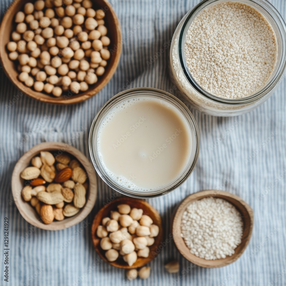 Freshly prepared plant-based milk and assorted nuts in wooden bowls on a textured fabric background for health and wellness concepts Freshly prepared plant-based milk and assorted nuts in wooden bowls on a textured fabric background for health and wellness concepts