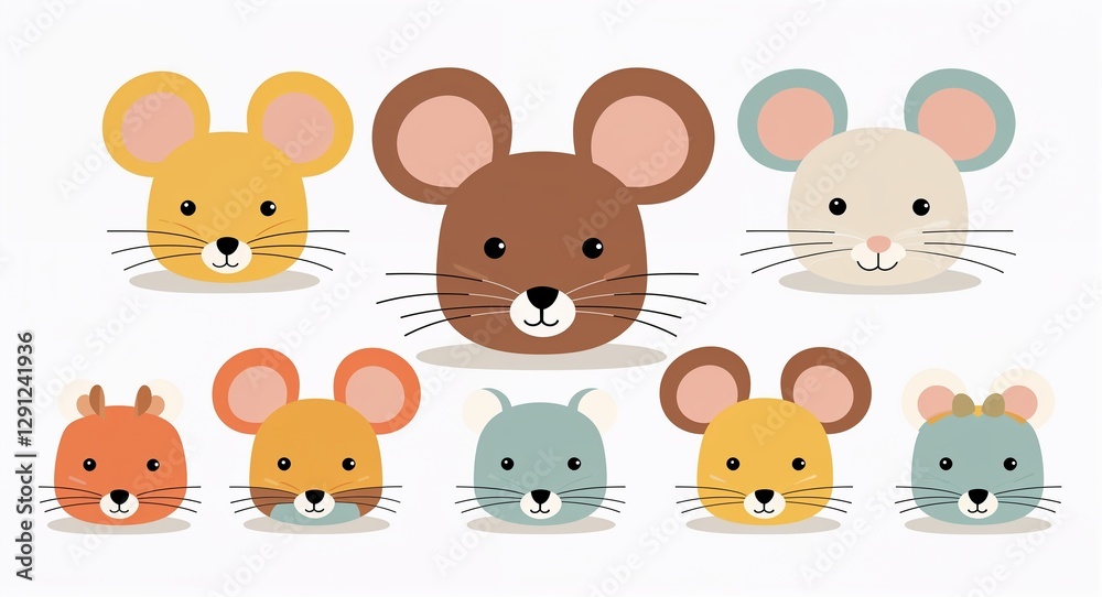 Fototapeta premium Set bundle of mouse minimalist childish style illustration on plain white background