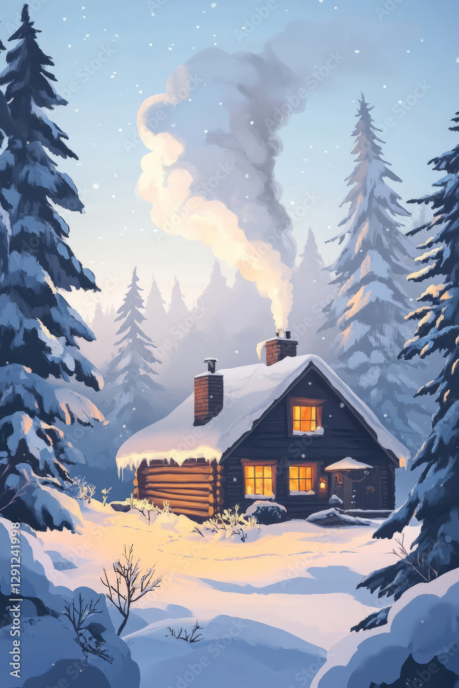 Fototapeta premium Illustration of a cozy winter cabin surrounded by snow covered trees, with smoke rising from the chimney. The warm light from the windows contrasts with the cold winter landscape, evoking feelings of
