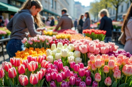 Vibrant outdoor flower market with colorful tulips on a sunny day