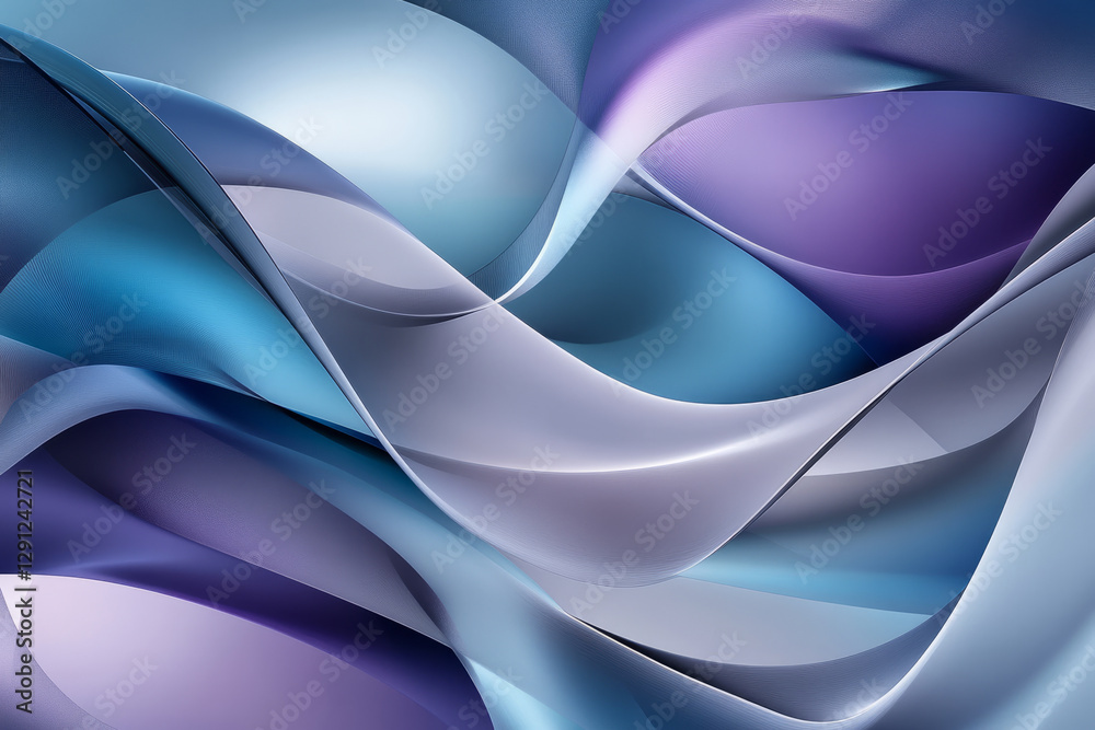 Obraz premium A smooth, flowing abstract design made up of overlapping curves in varying shades of blue, purple, and silver. The shapes create a soothing, fluid composition that feels elegant and contemporary.
