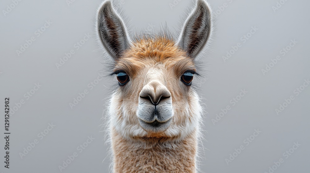 Fototapeta premium A close-up of a serene llama face against a soft, blurred background, showcasing its unique features and gentle expression.