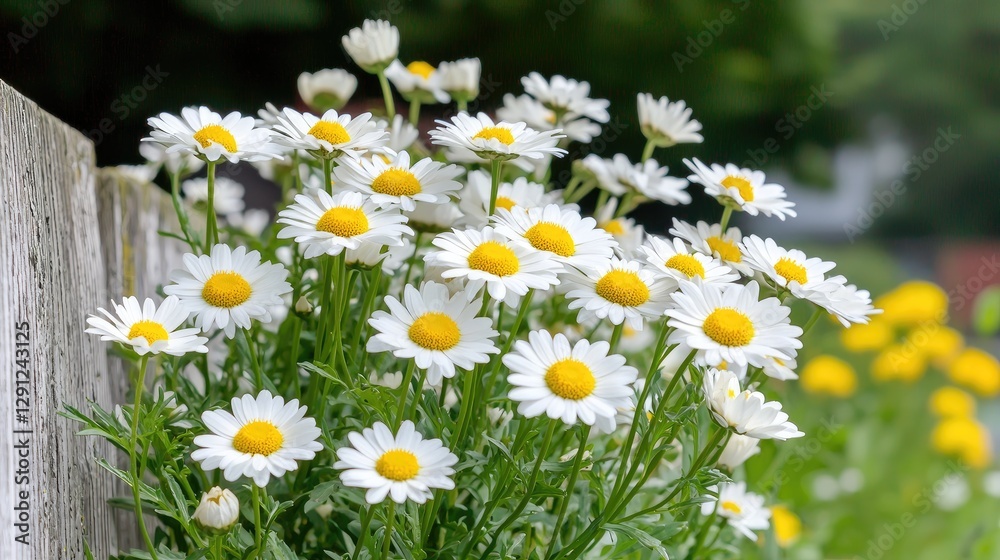 Fototapeta premium White daisy flowers blooming next to a weathered wooden fence in a sunny garden.
