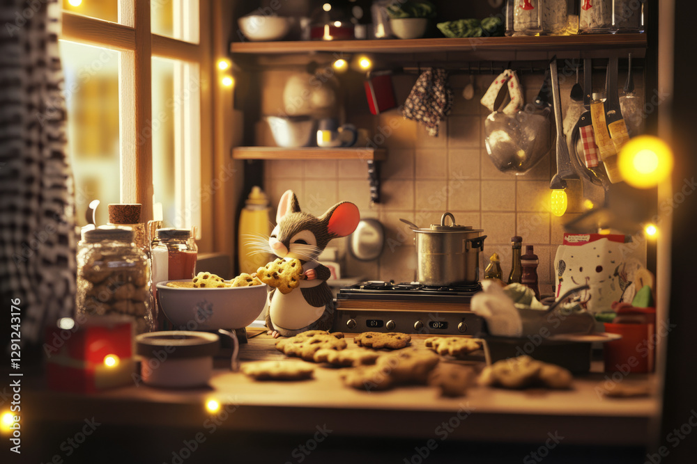 A cheerful illustration of a tiny mouse baking cookies in a miniature kitchen, surrounded by oversized ingredients. The warm lighting and cozy details create a heartwarming atmosphere. A cheerful illustration of a tiny mouse baking cookies in a miniature kitchen, surrounded by oversized ingredients. The warm lighting and cozy details create a heartwarming atmosphere.