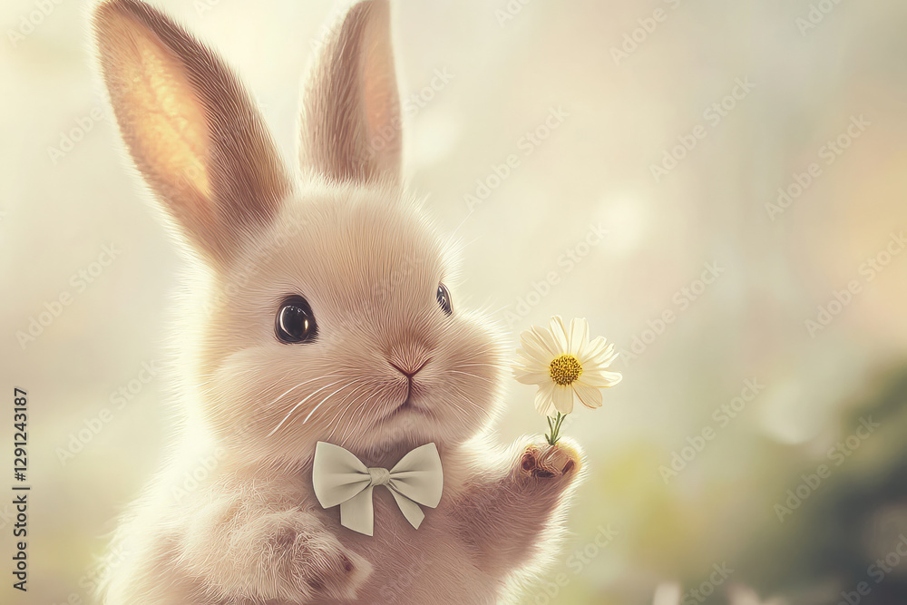 Obraz premium Illustration of a fluffy bunny with big ears and a tiny bow tie, holding a flower in its paw. The soft color palette and the endearing expression on the bunny face make it an adorable and charming