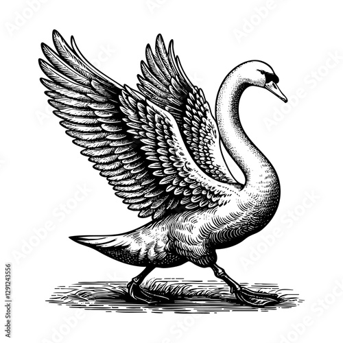 Swan mid walk sketch engraving black and white outline. Scratch board imitation. illustrated in vintage line art style on a white background.
