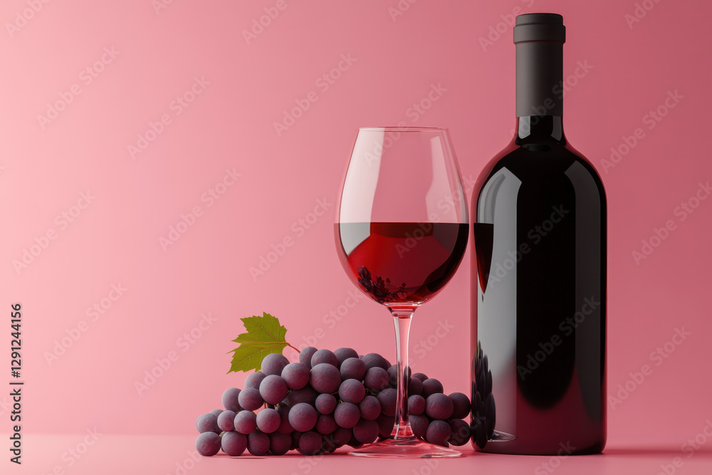 Fototapeta premium Elegant red wine bottle and glass with fresh grapes on display