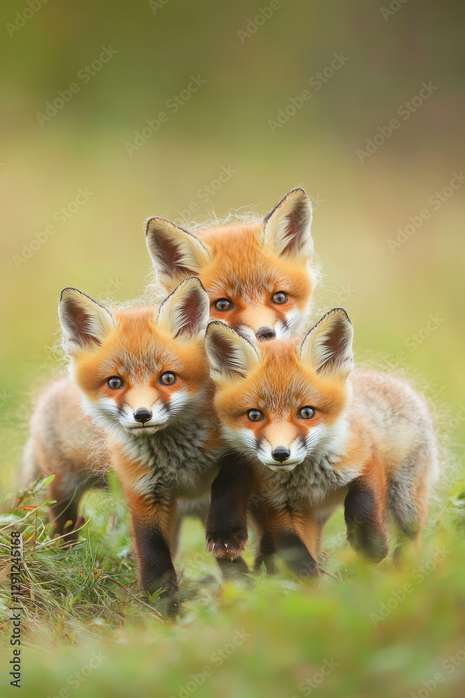 Obraz premium A charming group of fluffy fox cubs playfully tumbling in a meadow, their vibrant orange fur contrasting beautifully against the soft green grass.