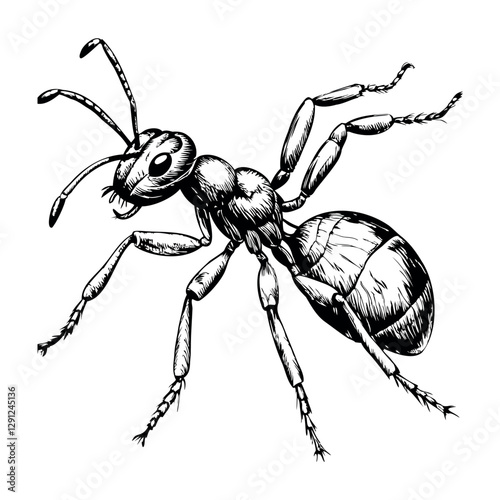A black and white drawing of a large ant