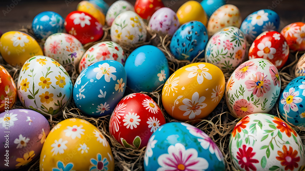 beautifully decorated easter eggs featuring delicate flower patterns, digitally generated with AI for a unique and colorful holiday design beautifully decorated easter eggs featuring delicate flower patterns, digitally generated with AI for a unique and colorful holiday design