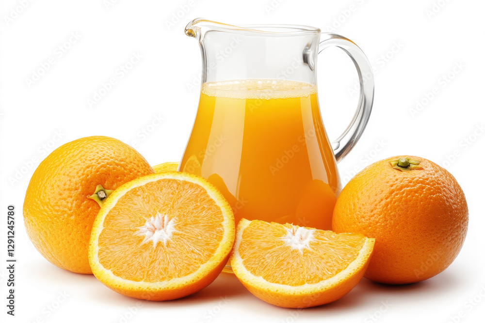 Freshly squeezed orange juice and oranges on a white background Freshly squeezed orange juice and oranges on a white background