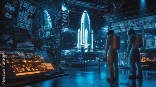 Space launch preparation futuristic control room digital art sci-fi environment dramatic viewpoint exploration concept