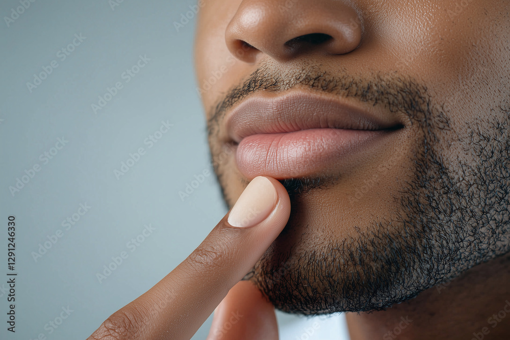 Applying lip balm for soft, hydrated lips, showcasing close up of man face with well groomed facial hair and gentle touch