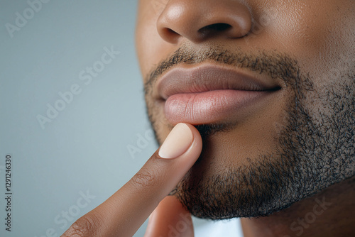 Obraz na płótnie Applying lip balm for soft, hydrated lips, showcasing close up of man face with well groomed facial hair and gentle touch w salonie