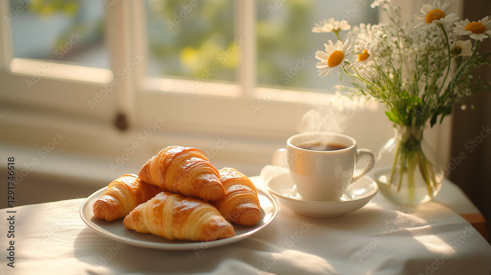Elegant Breakfast with Chamomile Flowers and a Cup of Coffee Elegant Breakfast with Chamomile Flowers and a Cup of Coffee