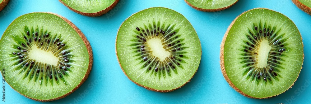 Fototapeta premium Sliced kiwis with vibrant green flesh on a warm cyan background