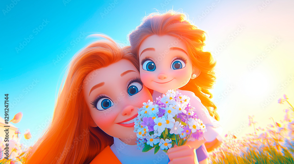 A Loving Mother and Daughter Smiling While Holding a Bouquet in a Sunlit Field A Loving Mother and Daughter Smiling While Holding a Bouquet in a Sunlit Field