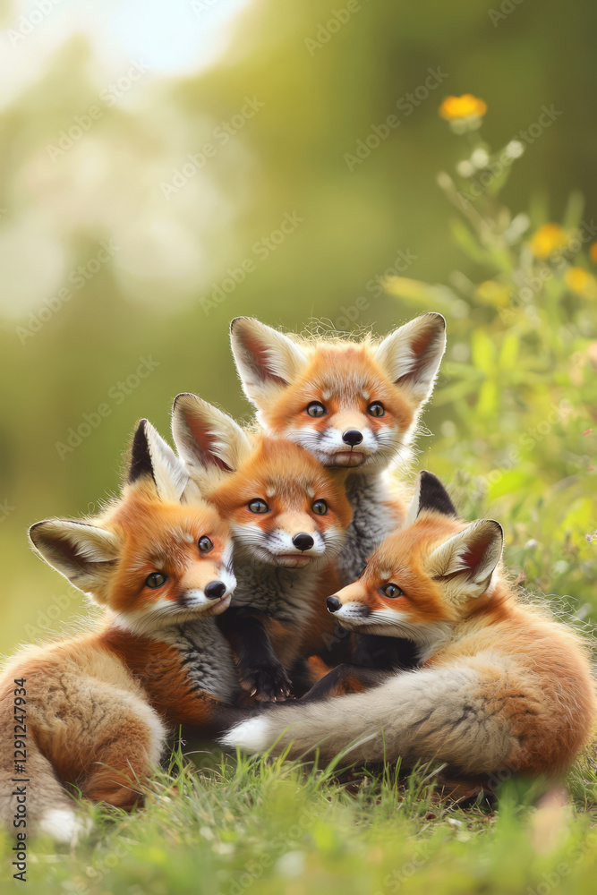 Obraz premium A charming group of fluffy fox cubs playfully tumbling in a meadow, their vibrant orange fur contrasting beautifully against the soft green grass.