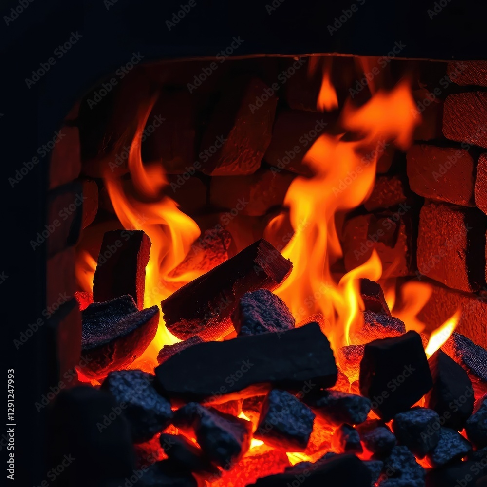 A roaring fire crackles and spits in the chimney, coals, warmth