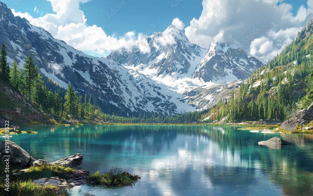 Snow-capped mountains with a pristine alpine lake in the foreground Snow-capped mountains with a pristine alpine lake in the foreground
