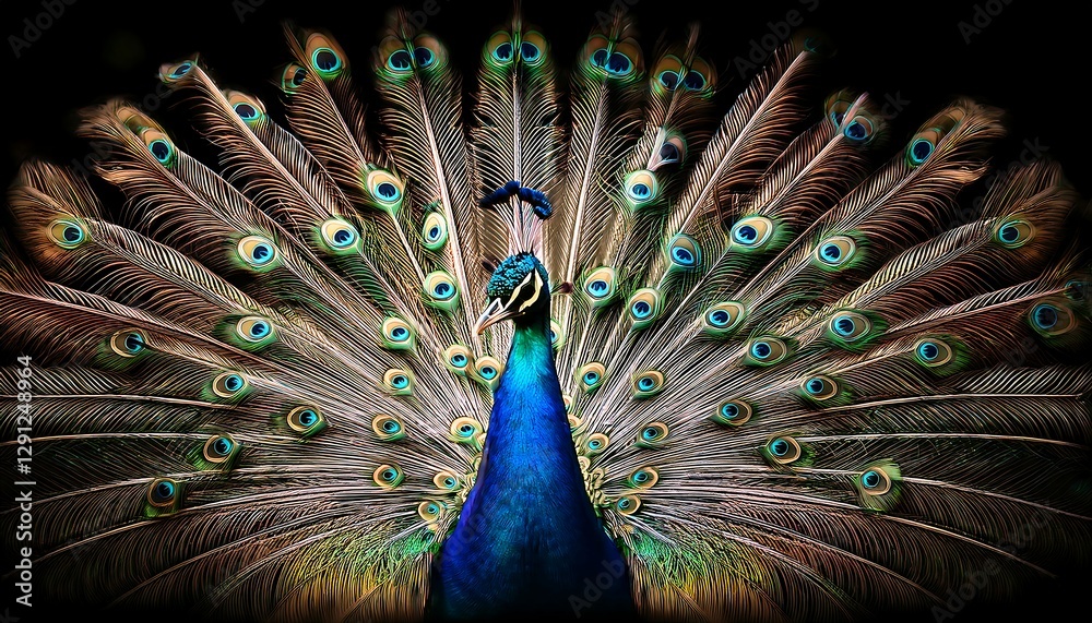 Naklejka premium Majestic Peacock Posing with Partially Fanned Feathers in Dramatic Lighting