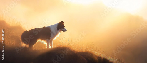 Border Collie Dog Joyfully Climbing a Hill at Sunrise Embracing the Beauty of Nature and the Spirit of Adventure in a Serene Morning Landscape