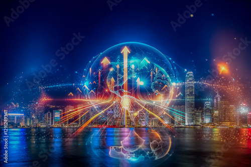 Wallpaper Mural Hong Kong cityscape at night with glowing arrows rising from the water, symbolizing a business growing up concept. Torontodigital.ca