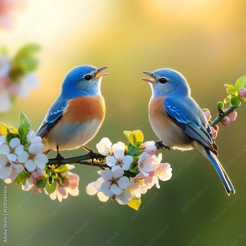 Fototapeta premium A delicate digital illustration of two bluebirds perched on a branch of white blossoms, set against a soft natural background with warm sunlight. This romantic and serene design is ideal for spring de