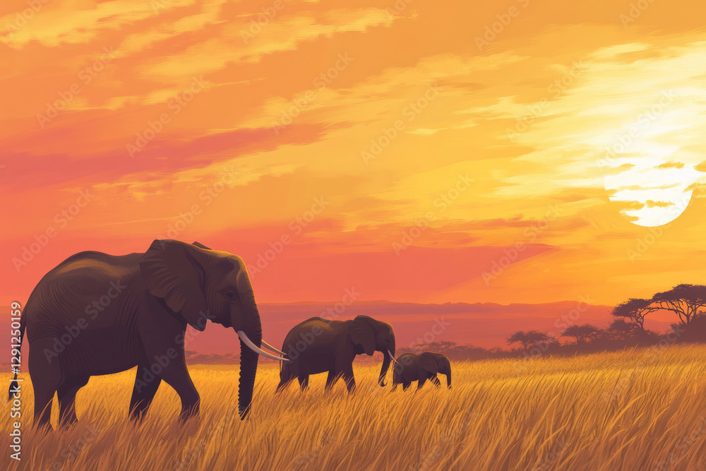 Fototapeta premium Illustration of a family of elephants roaming across the African savannah. The elephants move gracefully across the golden grass, while the setting sun paints the sky in warm shades of orange and pink