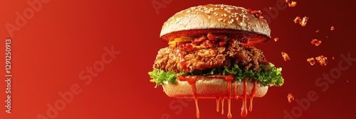 Wallpaper Mural Spicy chicken sandwich flying with dripping chipotle mayo on Chili Red Background Torontodigital.ca