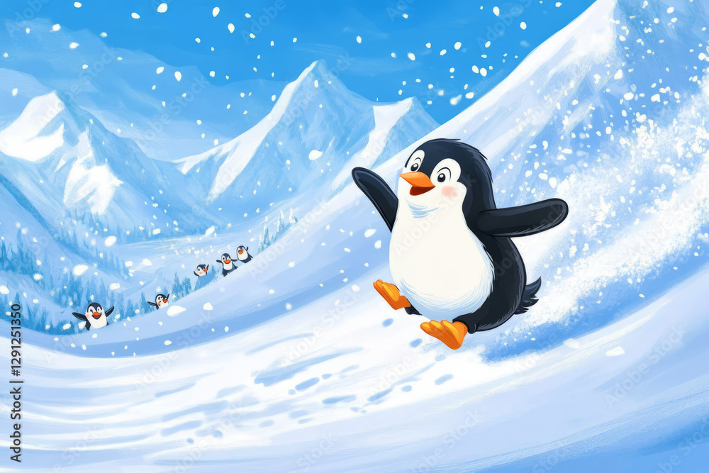 Obraz premium A cheerful penguin sliding down a snowy hill, leaving a trail of snow behind. Its friends cheer from the sidelines, and the snow covered mountains in the background complete the festive winter scene.