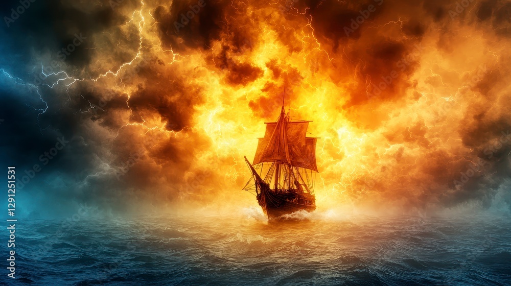 Fototapeta premium Dark Wooden Sailing Ship in Fiery Stormy Sea