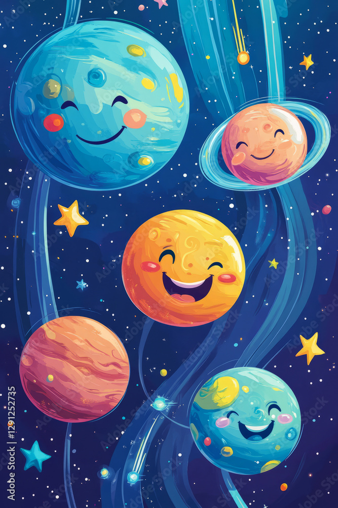 Naklejka premium A group of smiling cartoon planets in a cosmic scene, each with its own unique expression and personality. Shooting stars and swirling galaxies add to the whimsical outer space adventure.