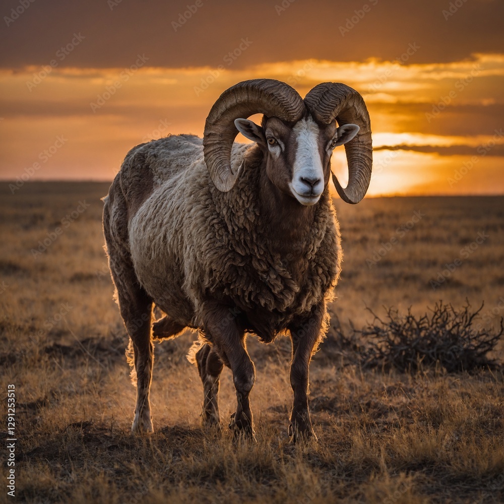 Obraz premium A ram walking across a vast savanna, with a blazing sunset overhead.