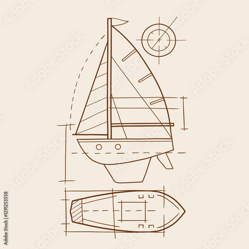 Hand drawn vector sailboat blueprint. Sailing ship sketch design. EPS10 vector file.	
