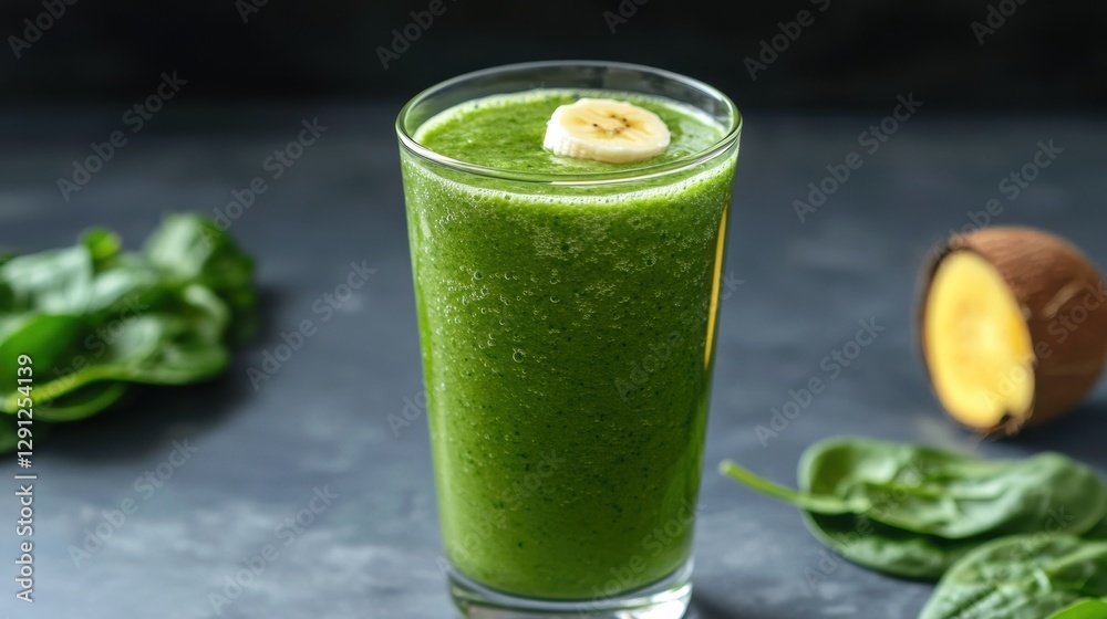 Green Smoothie: A vibrant green smoothie, garnished with a slice of banana, rests on a sleek surface. Fresh spinach leaves and a sweet potato accent the scene, suggesting a healthy. Green Smoothie: A vibrant green smoothie, garnished with a slice of banana, rests on a sleek surface. Fresh spinach leaves and a sweet potato accent the scene, suggesting a healthy.