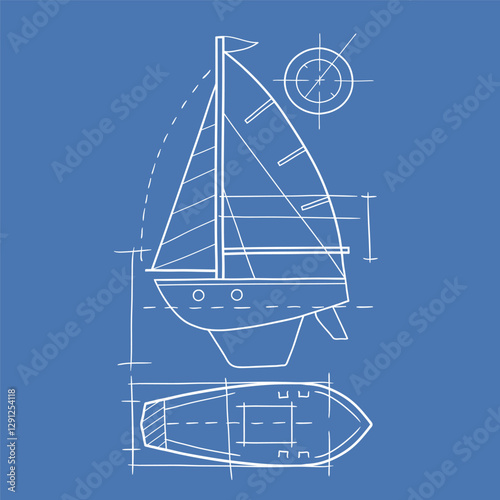 Hand drawn vector sailboat blueprint. Sailing ship sketch design. EPS10 vector file.	