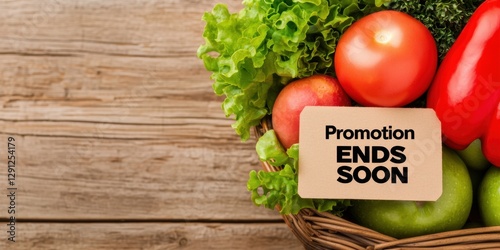 Sales ends soon banner. A basket filled with fresh vegetables and a tag indicating a promotion that ends soon, set against a wooden background.