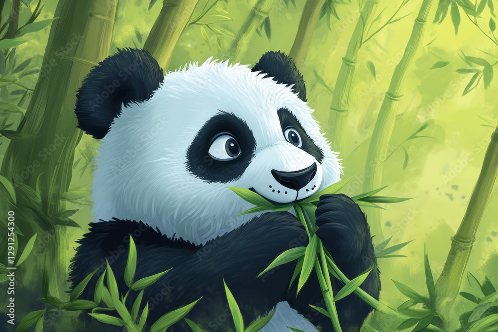 Fototapeta premium Illustration of a fluffy panda munching on bamboo in a peaceful forest. The panda's playful expression and the soft, green surroundings create an adorable and calming illustration for kidsâ€™ stories