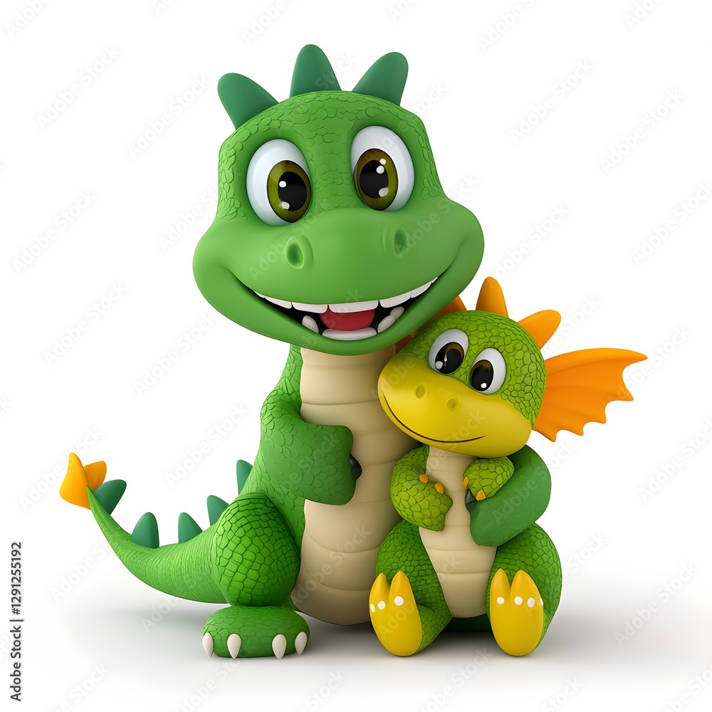 Fototapeta premium Friendly Green and Yellow Cartoon Dragons Hugging on White Background