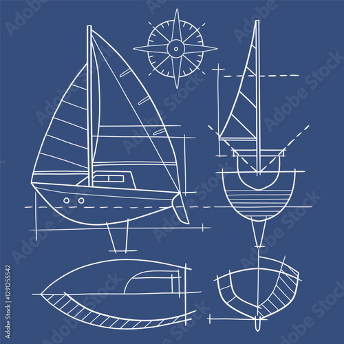 Hand drawn vector sailboat blueprint. Sailing ship sketch design. EPS10 vector file.	