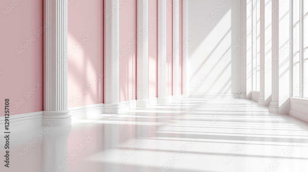 Fototapeta premium Elegant, sunlit, pale pink and white interior hallway with classic columns and large windows.
